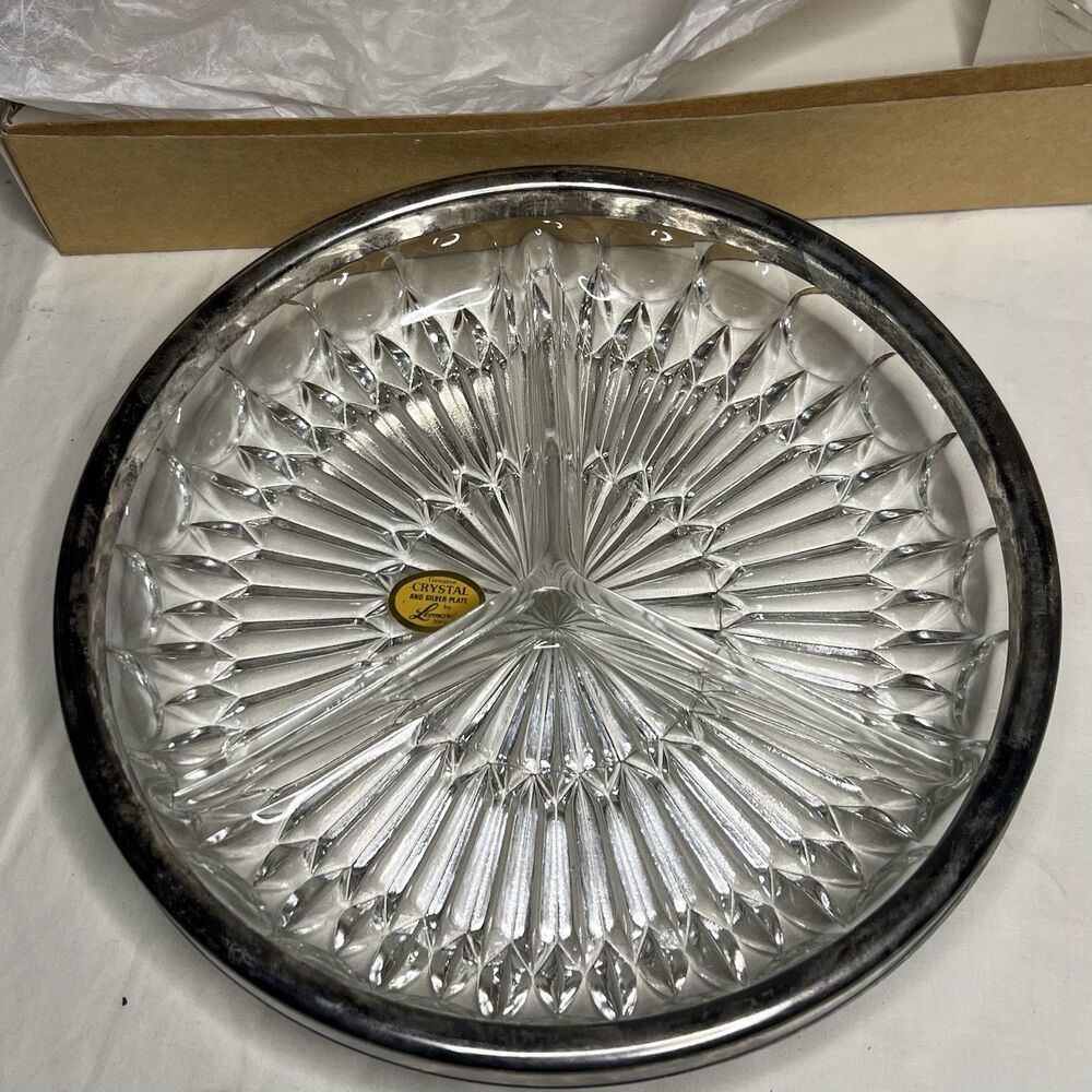 Vtg Leonard Crystal Silver Plated Rim 3 Part Divided Relish Dish 8.75" w/ Box